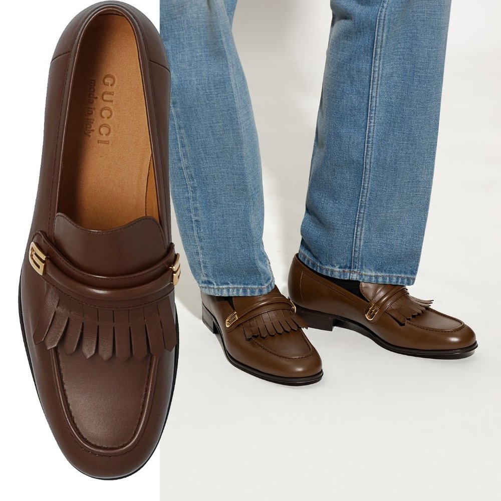 GUCCI SHOES MENS MIRRORED G FRINGED DETAIL BROWN LOAFERS sz US 10.5